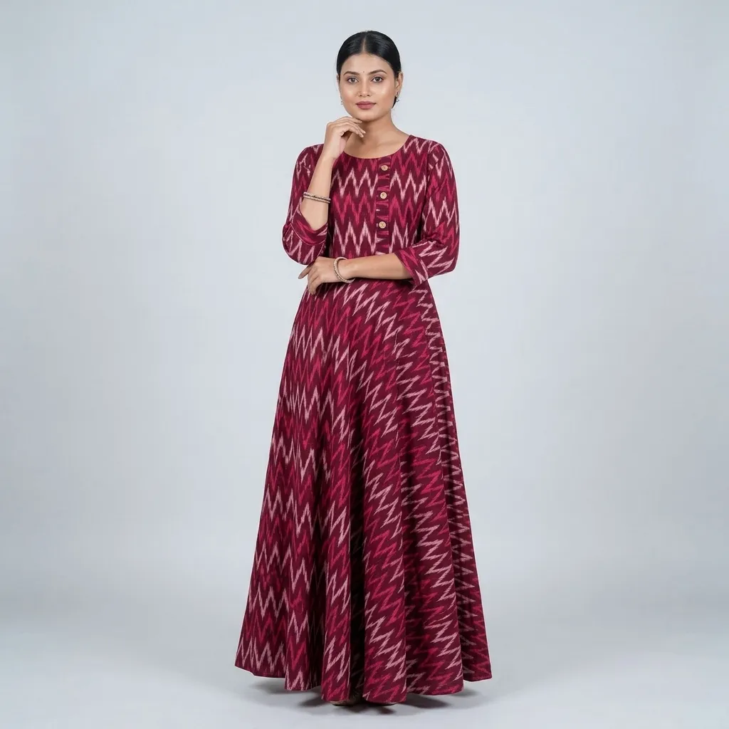 Frocks at Handloom Garden Puri: Maroon Ikat Anarkali Frock