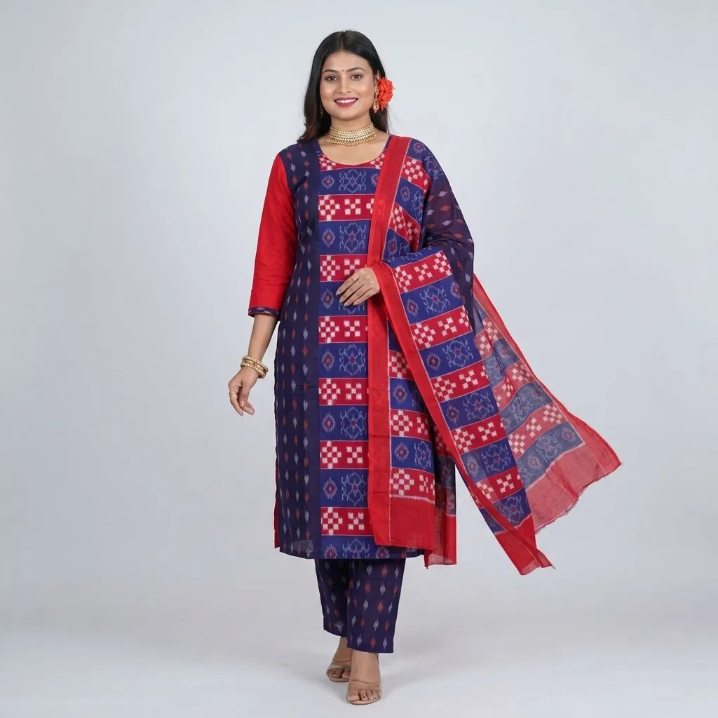 Kurtis at Handloom Garden Puri: Navy Ikat Kurta Set with Red Dupatta