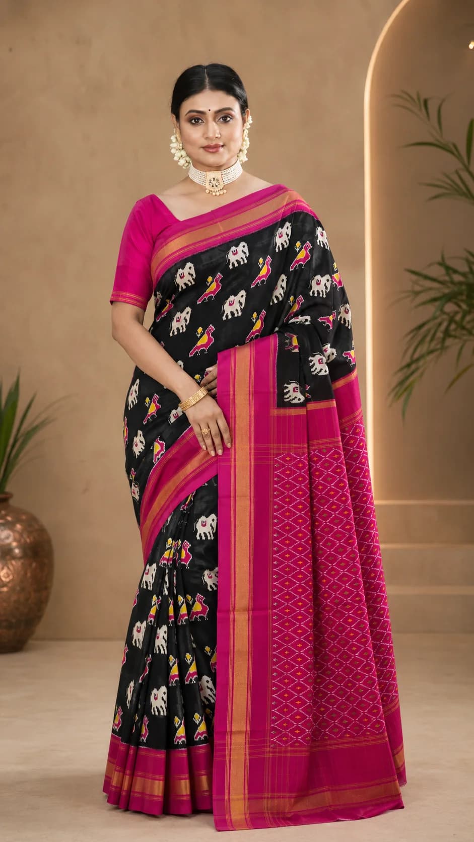 Black & Fuchsia Sambalpuri Saree with Bird Motifs, Sambalpuri Ikat saree at Handloom Garden Puri