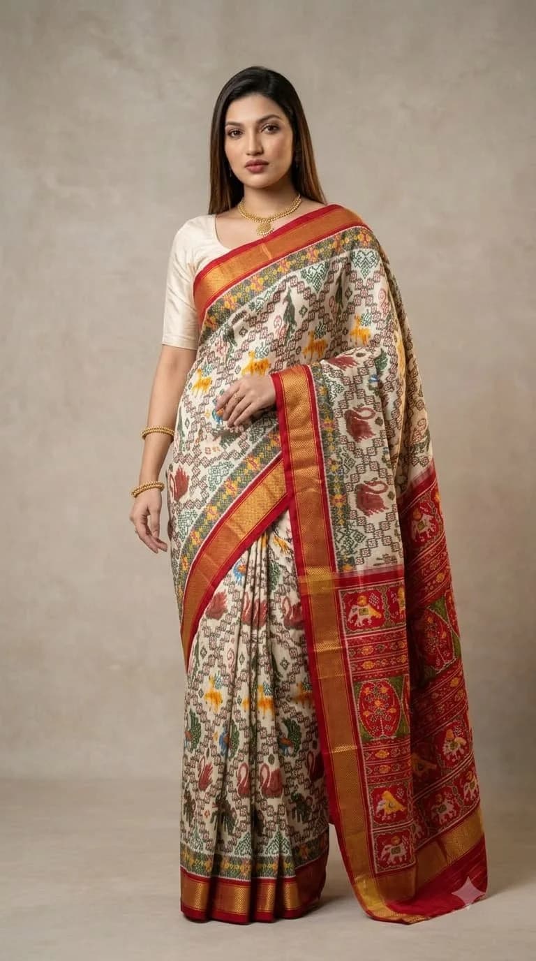 Ivory Floral Saree with Red Ikat Pallu, Odisha Ikat saree at Handloom Garden Puri