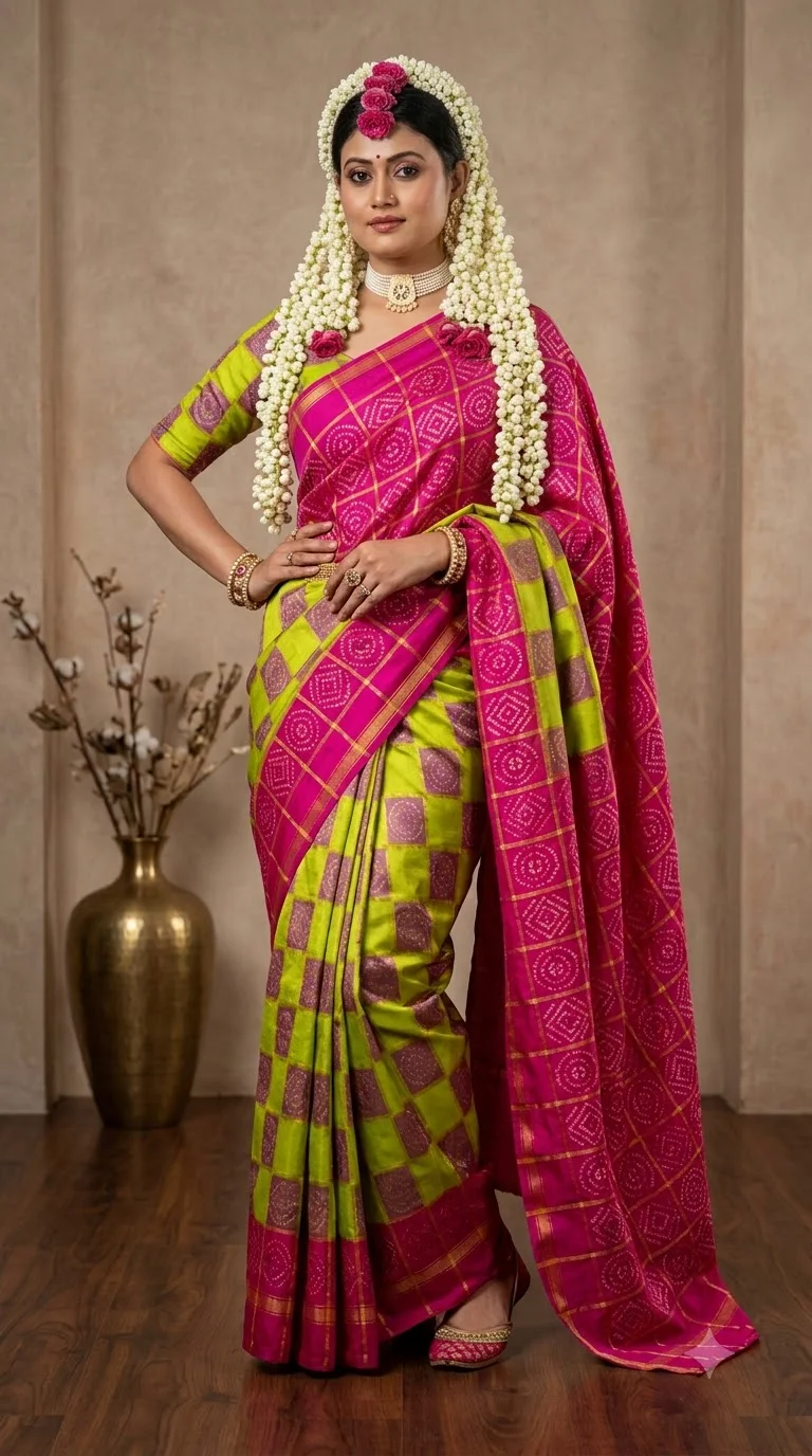 Lime & Fuchsia Pasapalli Bridal Saree, a pasapalli saree at Handloom Garden Puri