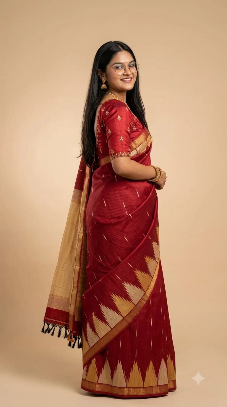 Maroon Kumbha Temple Border Saree, Bomkai saree at Handloom Garden Puri