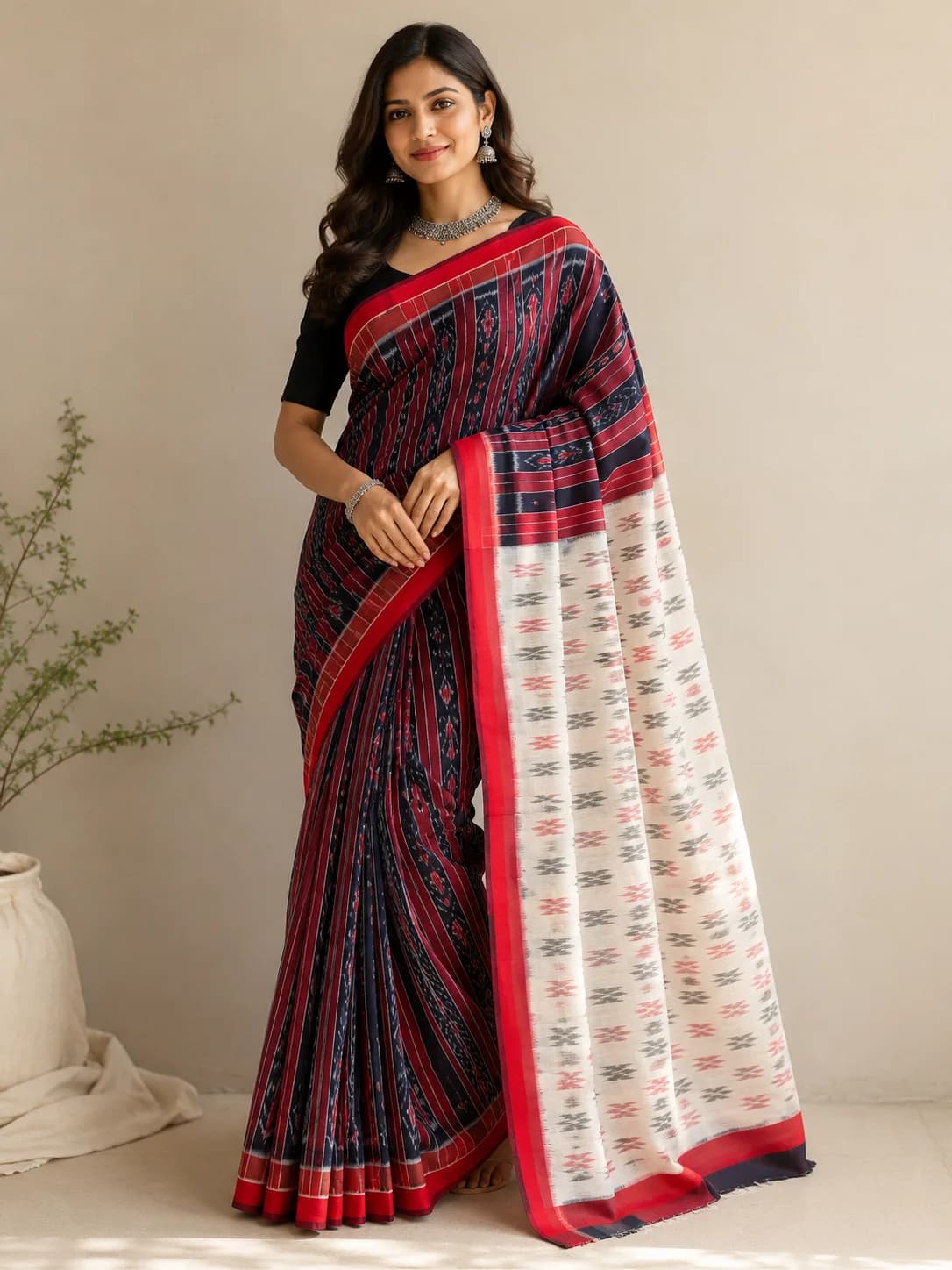 Navy Ikat Saree with Ivory Bandha Pallu, Sambalpuri Ikat saree at Handloom Garden Puri