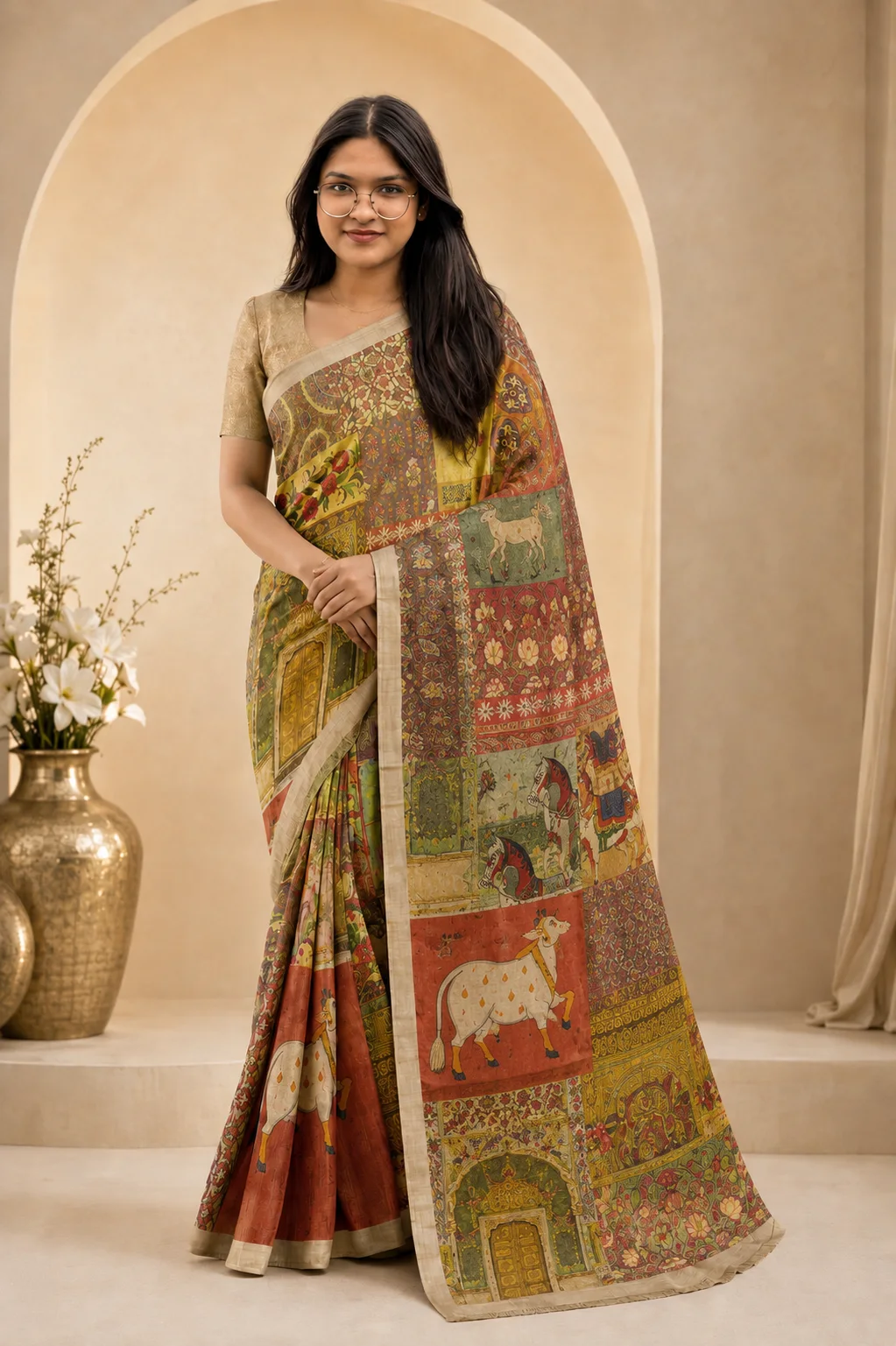 Olive Patachitra Story Panel Saree, a patachitra art saree at Handloom Garden Puri