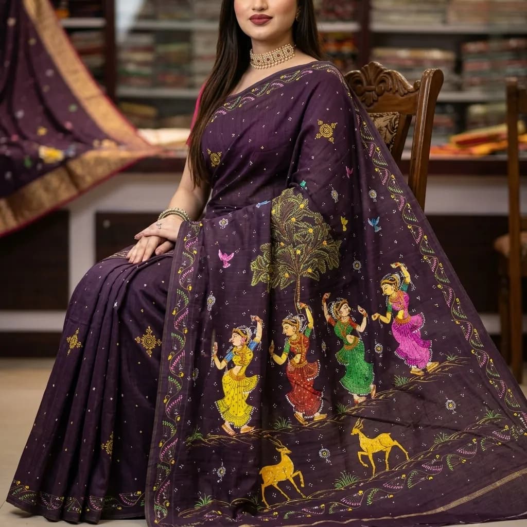 Plum Patachitra Saree with Dancing Gopis, an example of Patachitra Saree