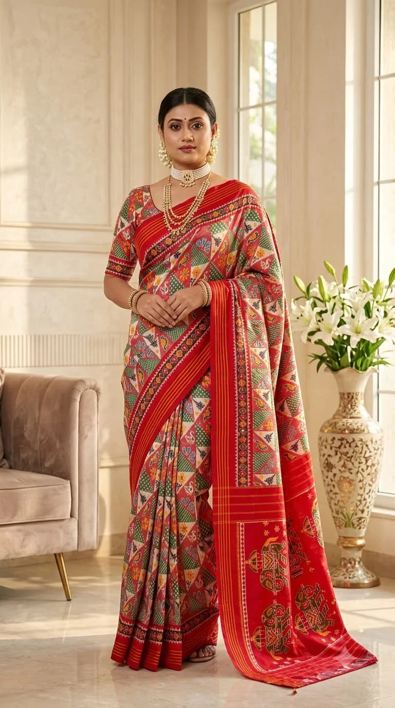 Red Patola-Style Ikat Saree, Odisha Ikat saree at Handloom Garden Puri