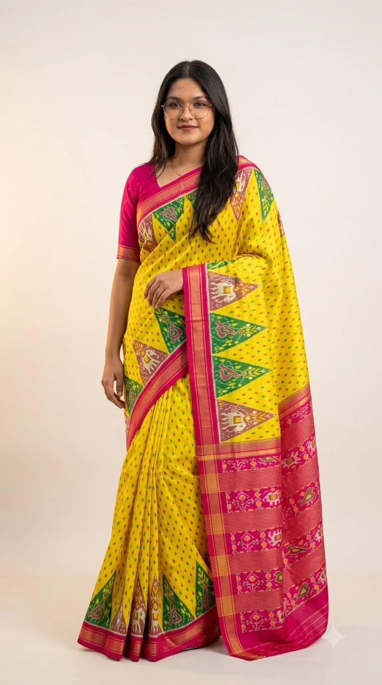 Yellow & Fuchsia Temple Motif Saree, Bomkai saree at Handloom Garden Puri